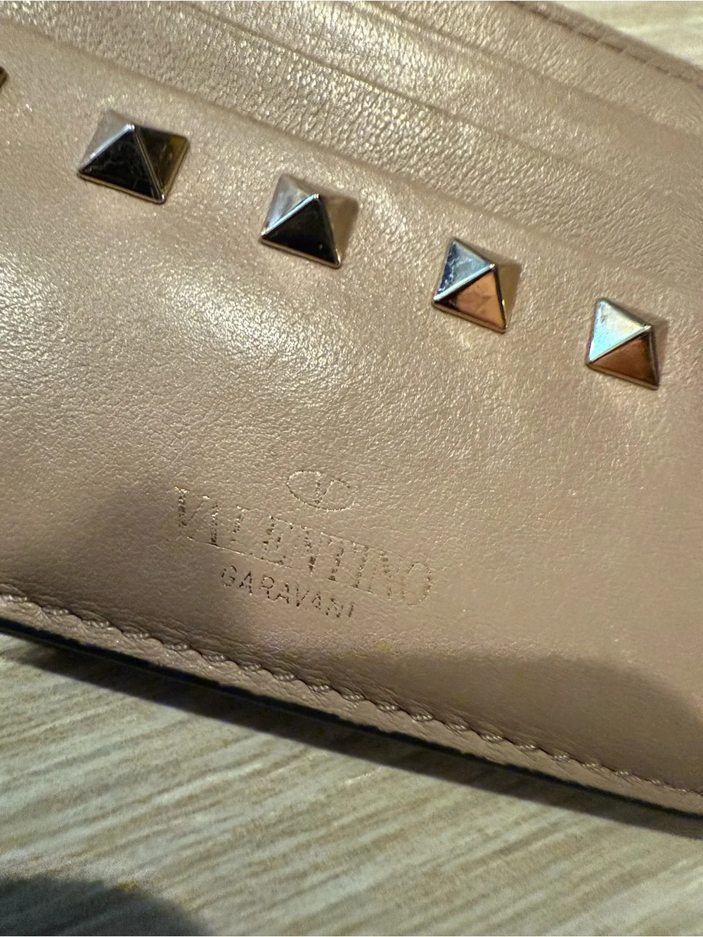 PRELOVED Valentino Stud-Accent Leather Card Wallet in Taupe